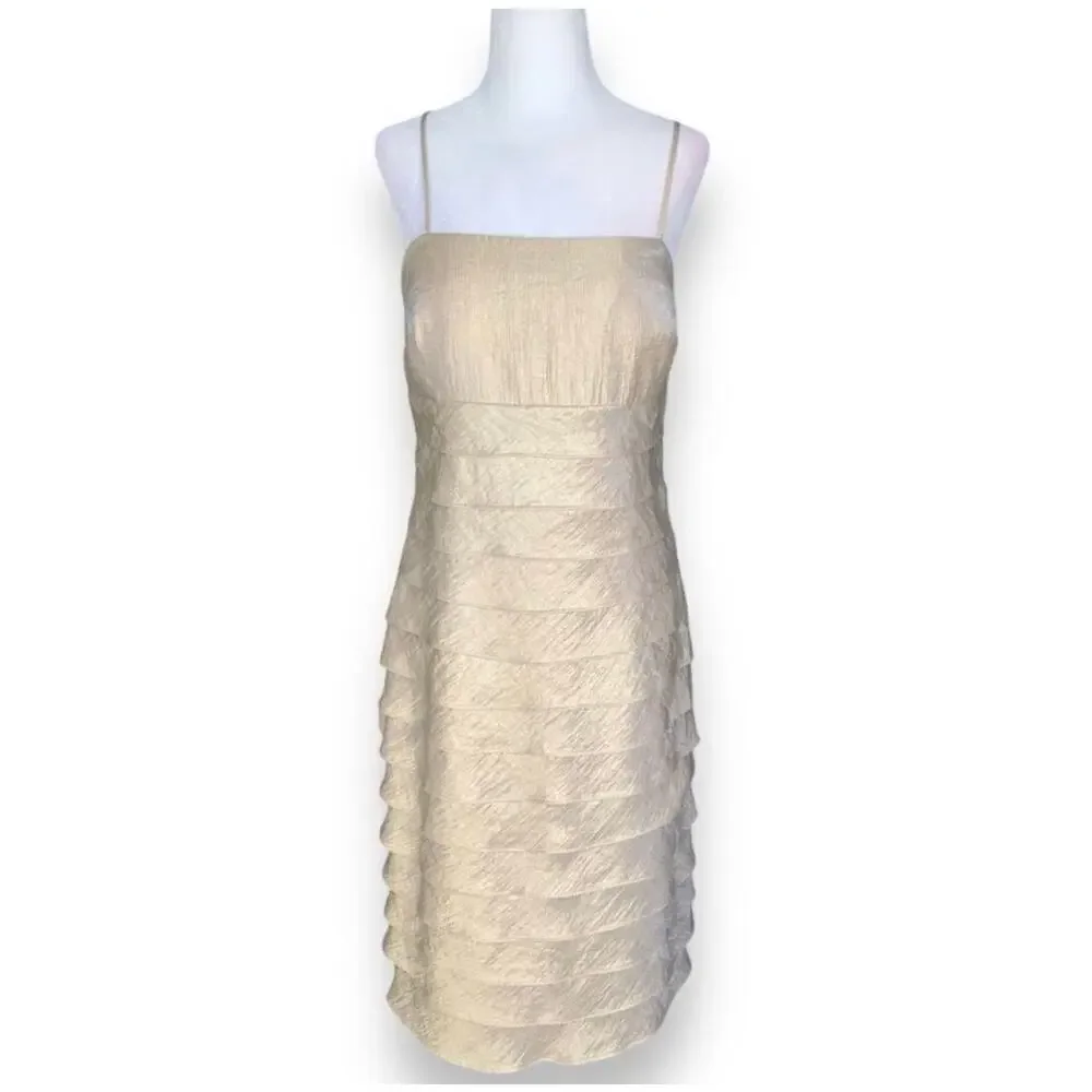 Vintage Jessica Howard Gold Shimmer Tiered Midi Dress Sleeveless Size 10 Elegant